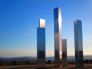 Tall silver blades above the town of Pforsheim, Germany, memorializing the fire-bombing of the city during WWII.